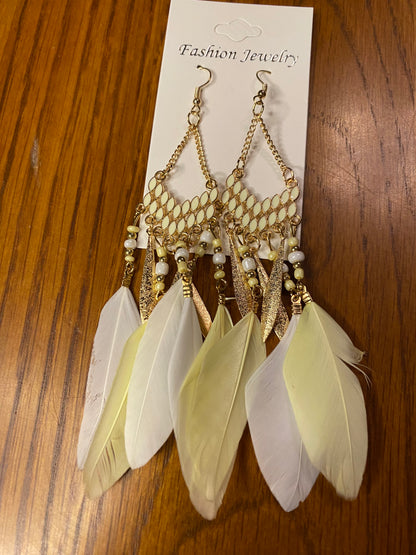 Boho Feather Earrings, Bright Colored Feather, Bead, and Gold Alloy Dangle Earrings- Several Colors