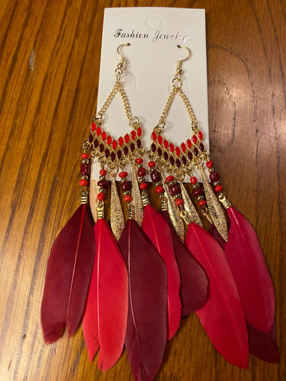 Boho Feather Earrings, Bright Colored Feather, Bead, and Gold Alloy Dangle Earrings- Several Colors