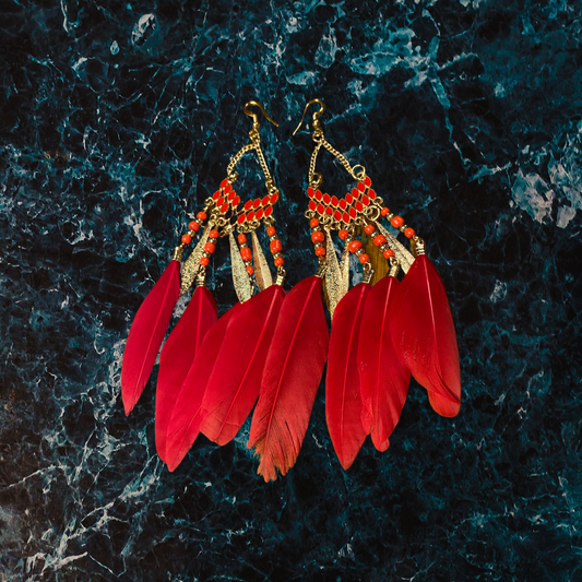 Boho Feather Earrings, Bright Colored Feather, Bead, and Gold Alloy Dangle Earrings- Several Colors