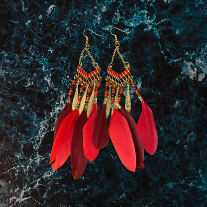 Boho Feather Earrings, Bright Colored Feather, Bead, and Gold Alloy Dangle Earrings- Several Colors