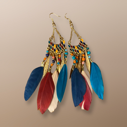 Boho Feather Earrings, Bright Colored Feather, Bead, and Gold Alloy Dangle Earrings- Several Colors