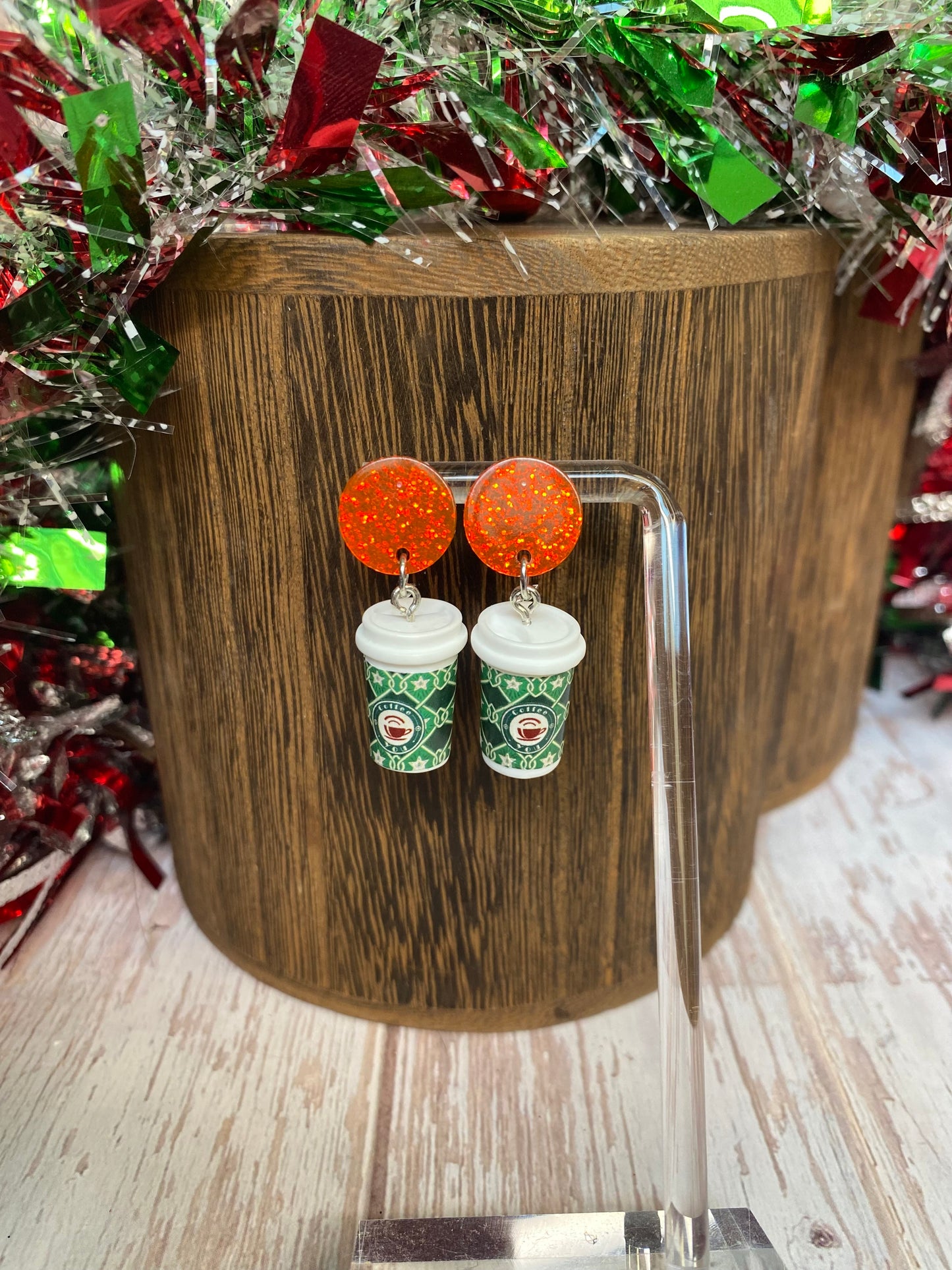 Holiday Sparkle Coffee Cup Earrings - Festive Christmas Jewelry - Glitter Resin Dangle Earrings - Coffee Lovers Gift, Holiday Jewelry Gift