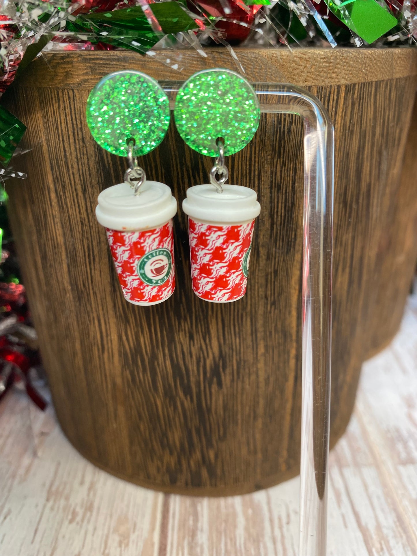 Holiday Sparkle Coffee Cup Earrings - Festive Christmas Jewelry - Glitter Resin Dangle Earrings - Coffee Lovers Gift, Holiday Jewelry Gift