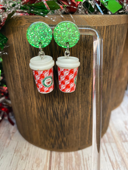 Holiday Sparkle Coffee Cup Earrings - Festive Christmas Jewelry - Glitter Resin Dangle Earrings - Coffee Lovers Gift, Holiday Jewelry Gift