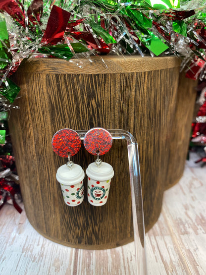Holiday Sparkle Coffee Cup Earrings - Festive Christmas Jewelry - Glitter Resin Dangle Earrings - Coffee Lovers Gift, Holiday Jewelry Gift