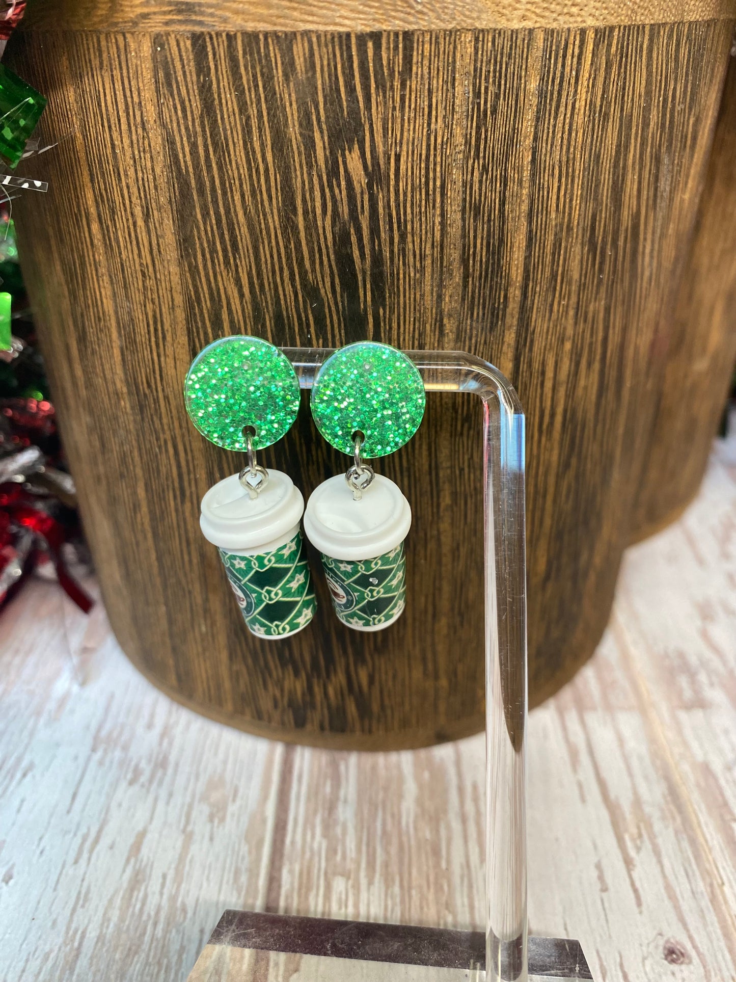 Holiday Sparkle Coffee Cup Earrings - Festive Christmas Jewelry - Glitter Resin Dangle Earrings - Coffee Lovers Gift, Holiday Jewelry Gift