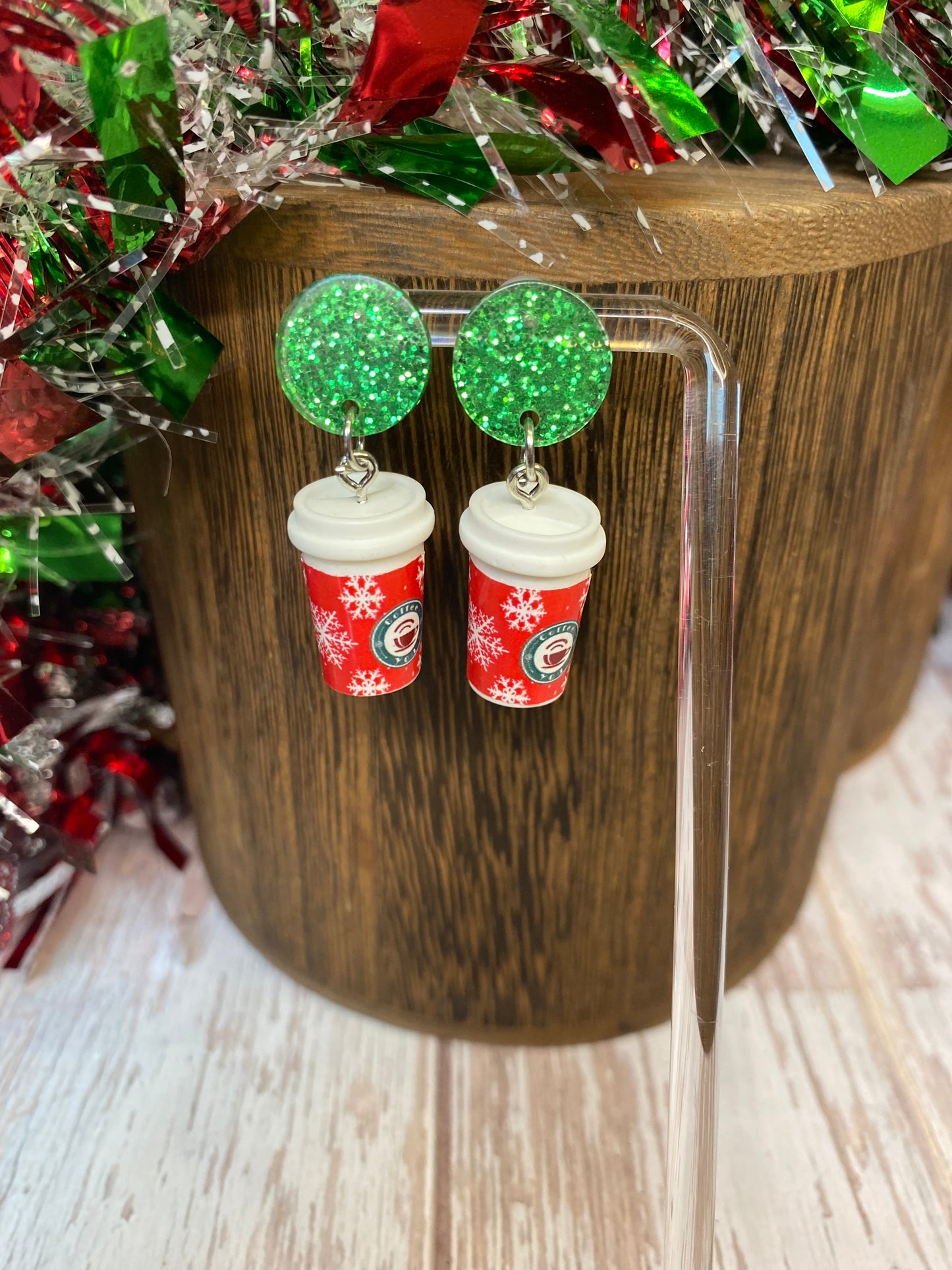 Holiday Sparkle Coffee Cup Earrings - Festive Christmas Jewelry - Glitter Resin Dangle Earrings - Coffee Lovers Gift, Holiday Jewelry Gift