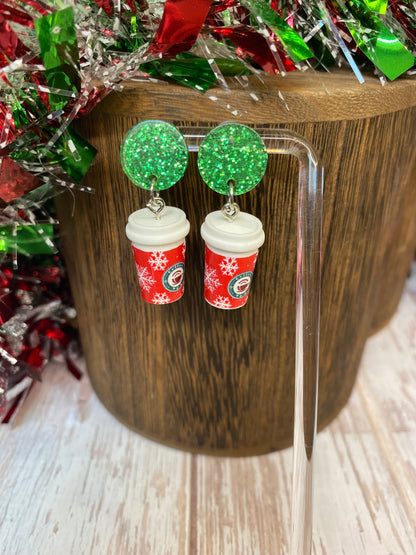 Holiday Sparkle Coffee Cup Earrings - Festive Christmas Jewelry - Glitter Resin Dangle Earrings - Coffee Lovers Gift, Holiday Jewelry Gift