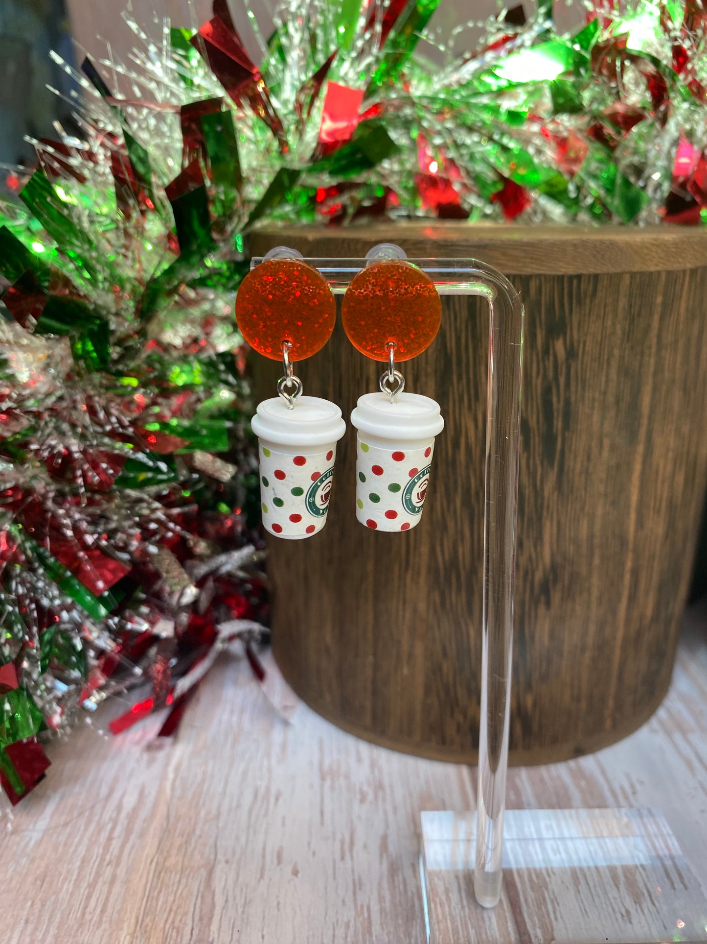Holiday Sparkle Coffee Cup Earrings - Festive Christmas Jewelry - Glitter Resin Dangle Earrings - Coffee Lovers Gift, Holiday Jewelry Gift