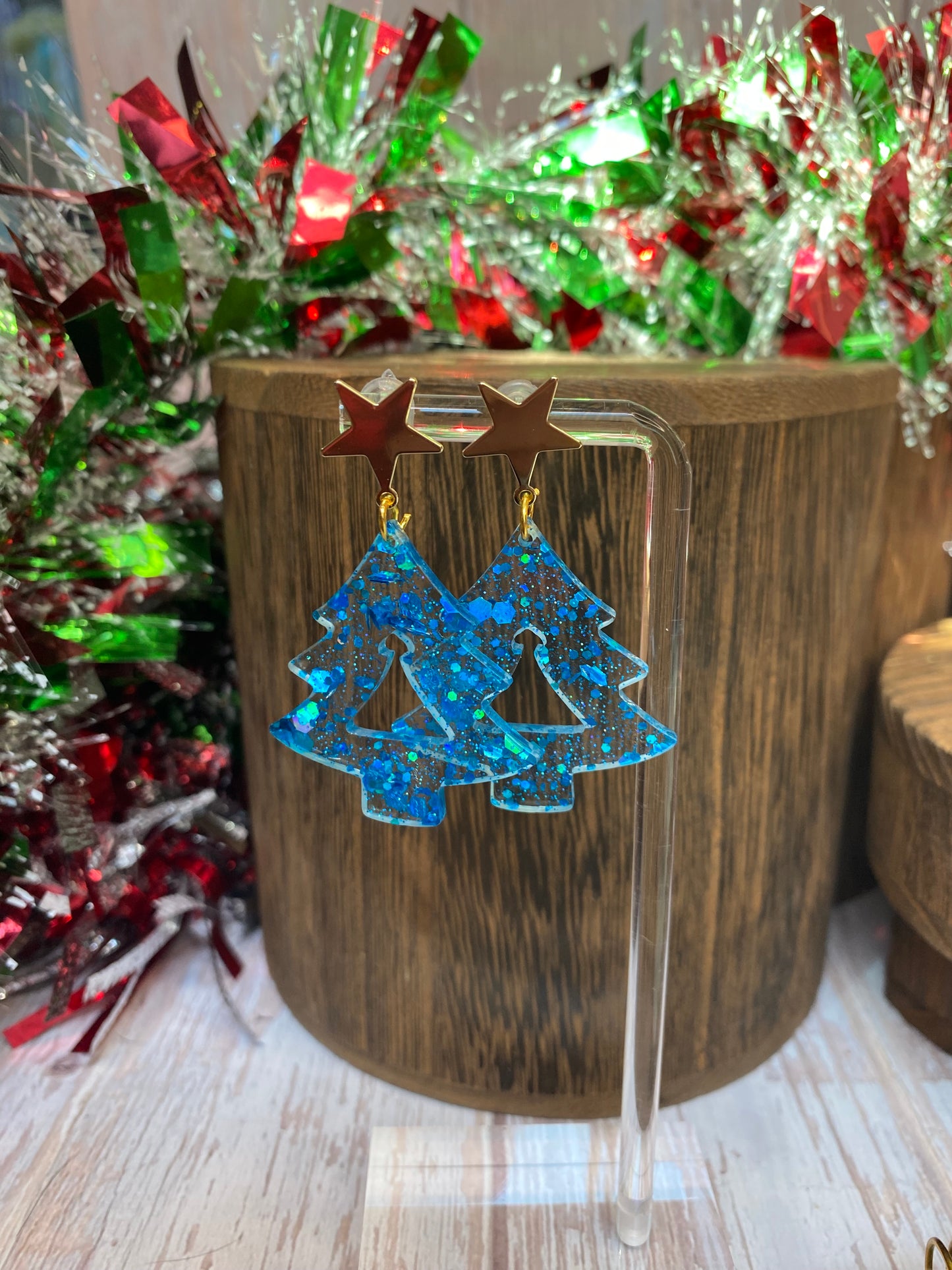Sparkle Christmas Tree Star Stud Dangle Earrings | Festive Holiday Jewelry | Glitter Resin Earrings | Unique Christmas Gift. Lots of Colors.