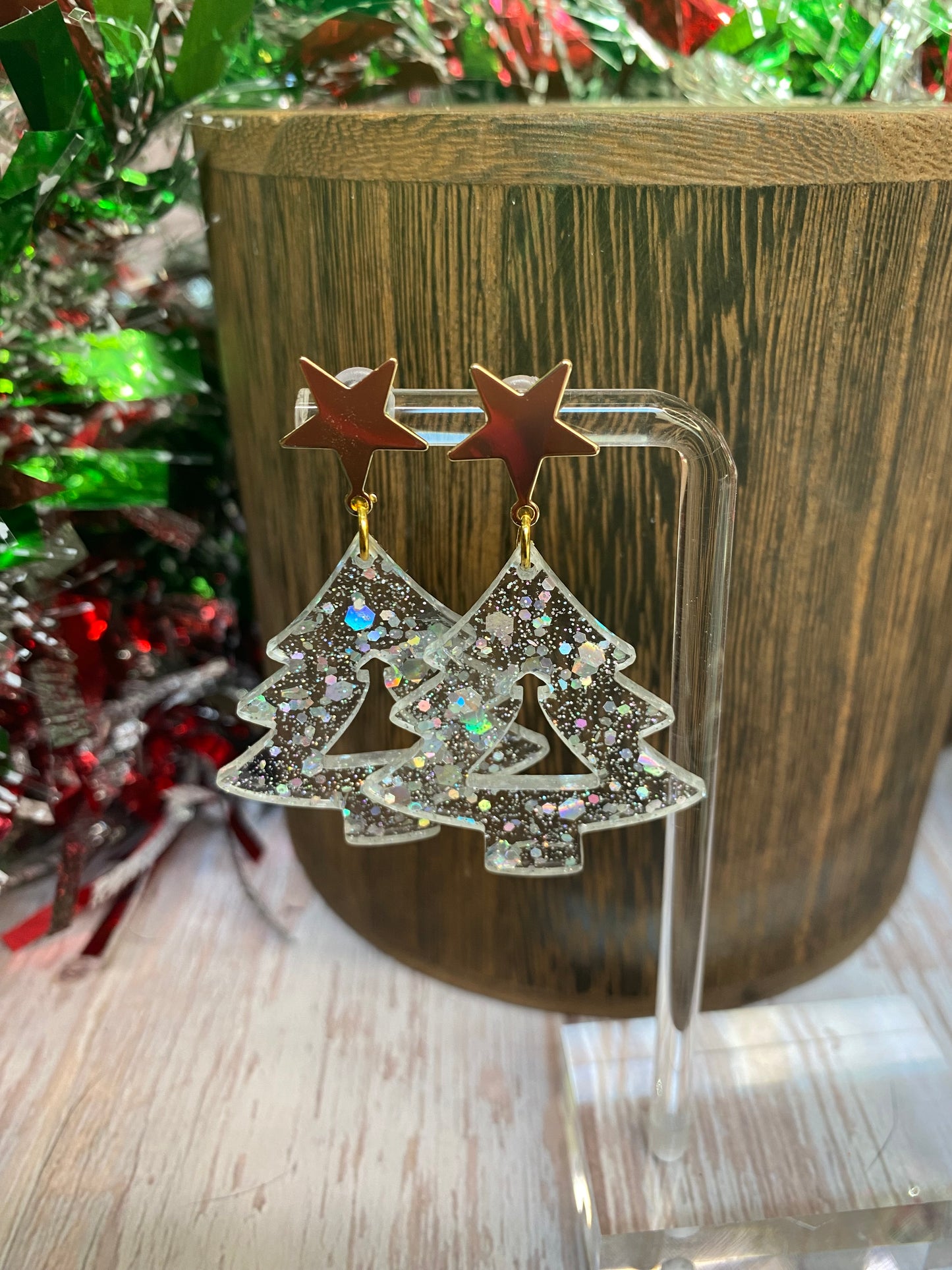 Sparkle Christmas Tree Star Stud Dangle Earrings | Festive Holiday Jewelry | Glitter Resin Earrings | Unique Christmas Gift. Lots of Colors.