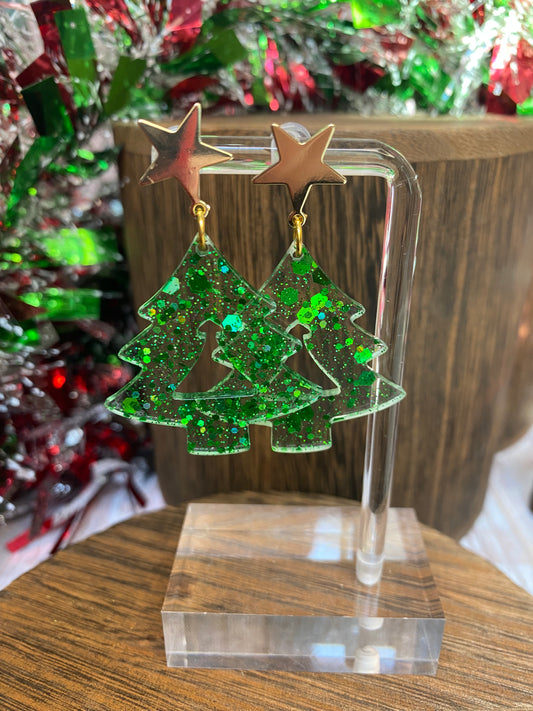 Sparkle Christmas Tree Star Stud Dangle Earrings | Festive Holiday Jewelry | Glitter Resin Earrings | Unique Christmas Gift. Lots of Colors.