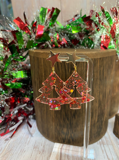 Sparkle Christmas Tree Star Stud Dangle Earrings | Festive Holiday Jewelry | Glitter Resin Earrings | Unique Christmas Gift. Lots of Colors.
