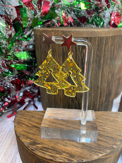 Sparkle Christmas Tree Star Stud Dangle Earrings | Festive Holiday Jewelry | Glitter Resin Earrings | Unique Christmas Gift. Lots of Colors.