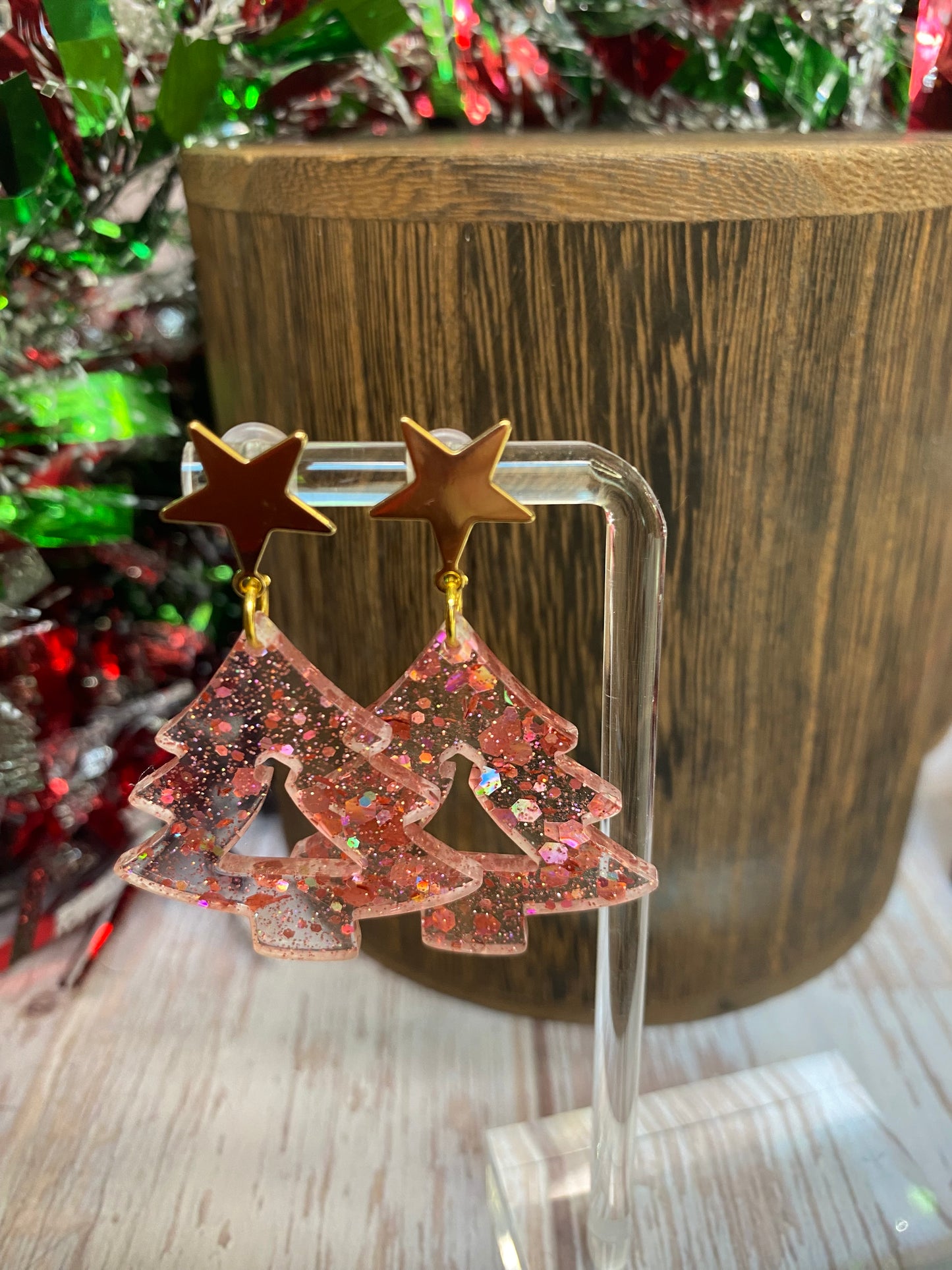 Sparkle Christmas Tree Star Stud Dangle Earrings | Festive Holiday Jewelry | Glitter Resin Earrings | Unique Christmas Gift. Lots of Colors.