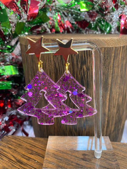 Sparkle Christmas Tree Star Stud Dangle Earrings | Festive Holiday Jewelry | Glitter Resin Earrings | Unique Christmas Gift. Lots of Colors.