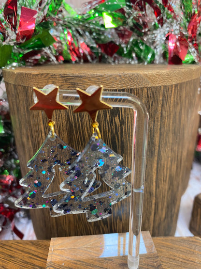 Sparkle Christmas Tree Star Stud Dangle Earrings | Festive Holiday Jewelry | Glitter Resin Earrings | Unique Christmas Gift. Lots of Colors.