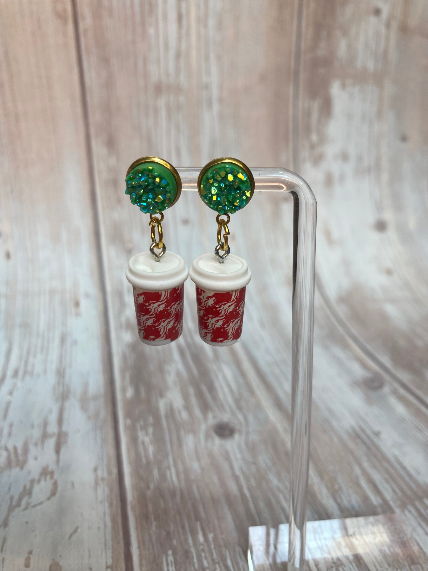 Holiday Sparkle Coffee Cup Earrings - Festive Christmas Jewelry - Glitter Resin Dangle Earrings - Coffee Lovers Gift, Holiday Jewelry Gift
