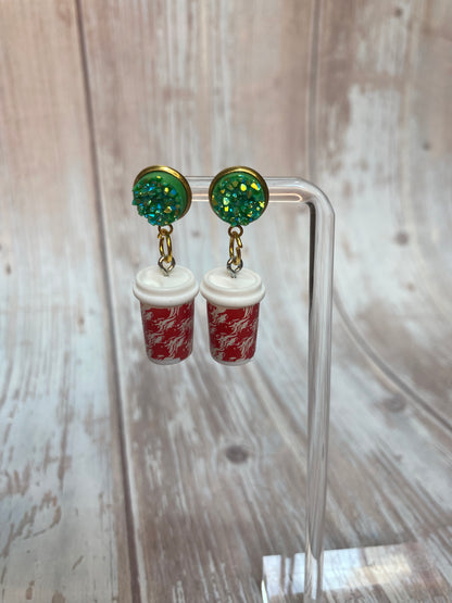 Holiday Sparkle Coffee Cup Earrings - Festive Christmas Jewelry - Glitter Resin Dangle Earrings - Coffee Lovers Gift, Holiday Jewelry Gift