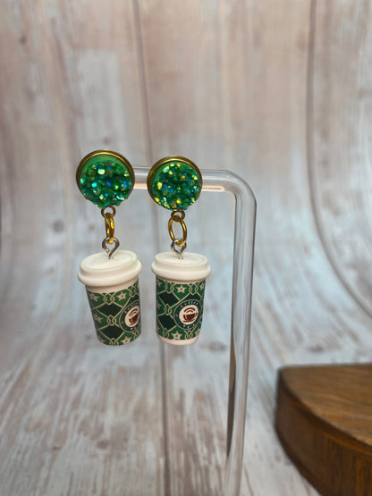 Holiday Sparkle Coffee Cup Earrings - Festive Christmas Jewelry - Glitter Resin Dangle Earrings - Coffee Lovers Gift, Holiday Jewelry Gift