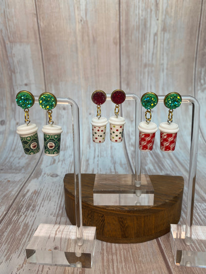 Holiday Sparkle Coffee Cup Earrings - Festive Christmas Jewelry - Glitter Resin Dangle Earrings - Coffee Lovers Gift, Holiday Jewelry Gift