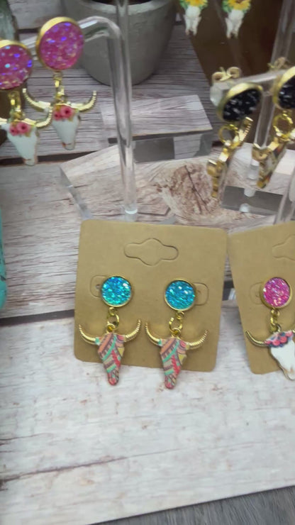 Boho Western Longhorn Skull Earrings with Druzy Studs - Floral Bull Head Dangle Earrings - Country Chic Jewelry - Cowgirl Statement Earrings