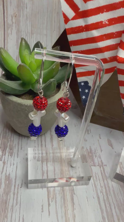 Patriotic Cross Earrings, Red White Blue Rhinestone Dangle Earrings, 4th of July Jewelry, Christian Gift, Memorial Day, Choose Your Hook Style