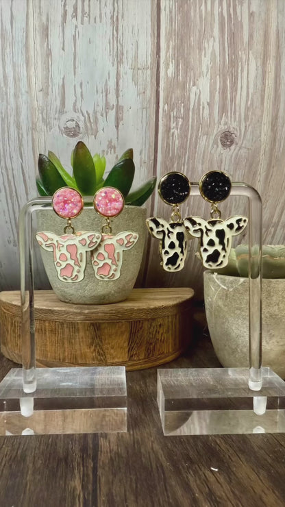 Druzy Cow Print Dangle Earrings | Western Jewelry | Pink or Black Sparkle Stud Earrings | Farm Animal Jewelry | Handmade Cowgirl Earrings