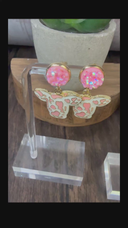 Druzy Cow Print Dangle Earrings | Western Jewelry | Pink or Black Sparkle Stud Earrings | Farm Animal Jewelry | Handmade Cowgirl Earrings