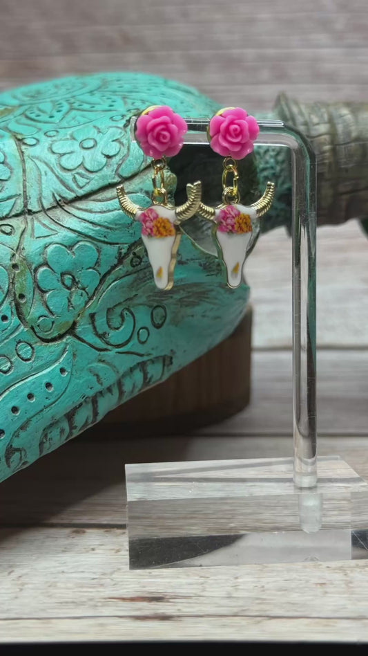 Boho Western Longhorn Skull Earrings with Resin Rose Studs - Floral Bull Head Dangle Earrings - Handmade Country Chic Statement Jewelry