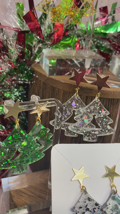 Sparkle Christmas Tree Star Stud Dangle Earrings | Festive Holiday Jewelry | Glitter Resin Earrings | Unique Christmas Gift. Lots of Colors.