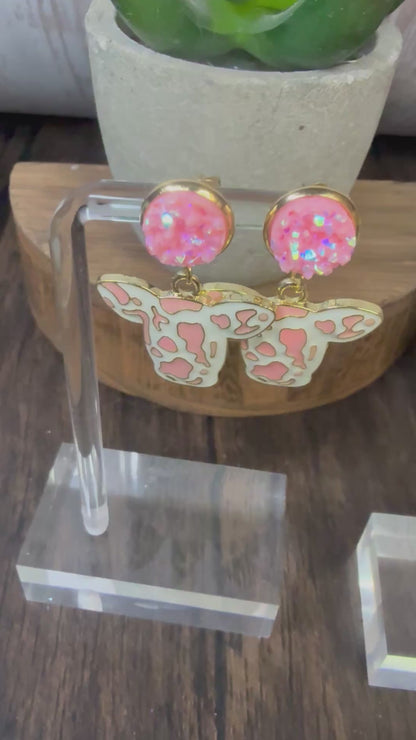 Druzy Cow Print Dangle Earrings | Western Jewelry | Pink or Black Sparkle Stud Earrings | Farm Animal Jewelry | Handmade Cowgirl Earrings