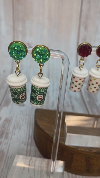 Holiday Sparkle Coffee Cup Earrings - Festive Christmas Jewelry - Glitter Resin Dangle Earrings - Coffee Lovers Gift, Holiday Jewelry Gift