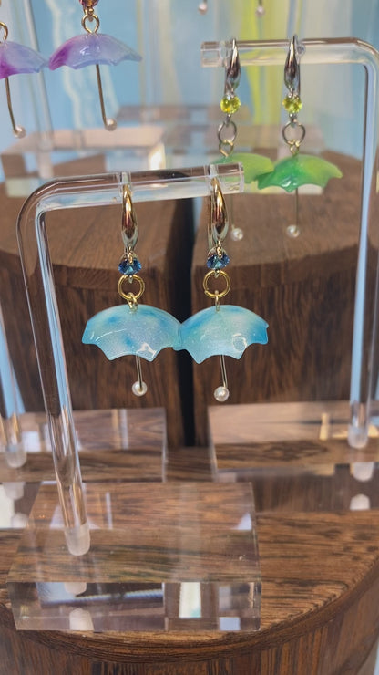 Gemstone Umbrella Dangle Earrings in Blue, Green, and Purple - Handcrafted Rainy Day Jewelry