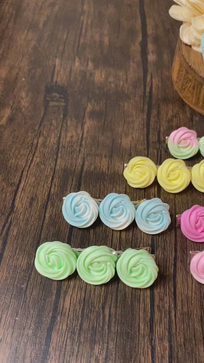 Pastel Merengue Cookie Hairclip, Colorful 2.5” Flower Icing Barrette