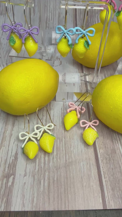 Lemon Bow Dangle Earrings, Hypoallergenic French Hooks, Cute Citrus Earrings, Summer Fruit Jewelry, Gift for Her