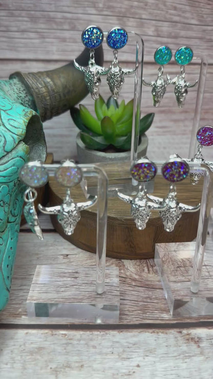 Druzy Western Cow Skull Earrings - Boho Silver Longhorn Dangle Earrings - Southwestern Statement Jewelry - Handmade Festival Earrings