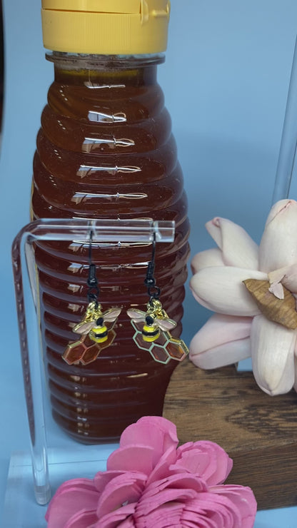 Bee Earrings, Handmade Honeycomb and Bee Fishhook Earrings, Nature-Inspired Jewelry, Unique Gift